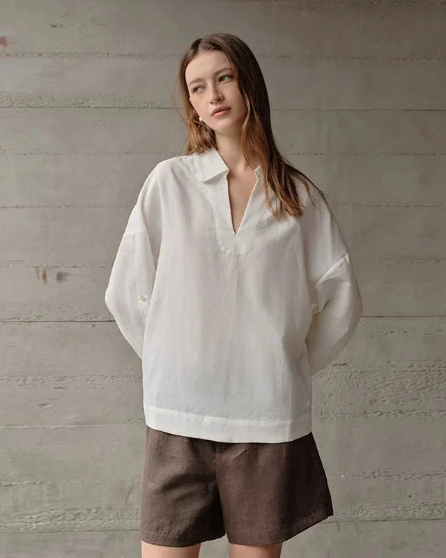 Image of Retro Long-Sleeved V-Neck Casual Loose Shirt
