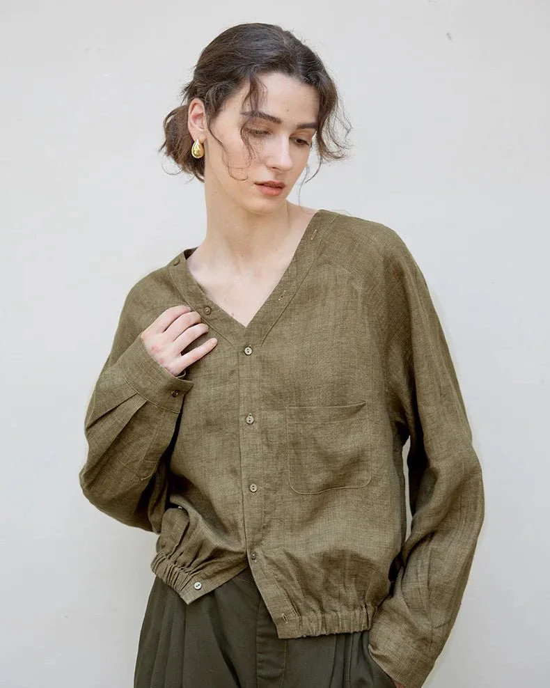Image of Stylish V-Neck Button-Down Loose Shirt