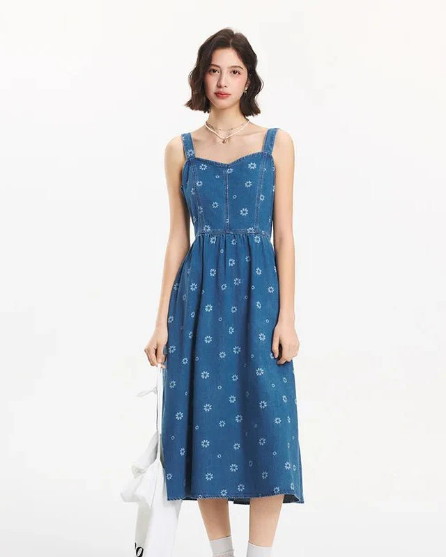 Image of New Full-Print Refreshing Denim Maxi Dress