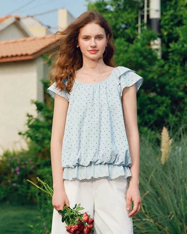 Image of Sweet Polka Dot U-Neck Puff Short-Sleeved Top