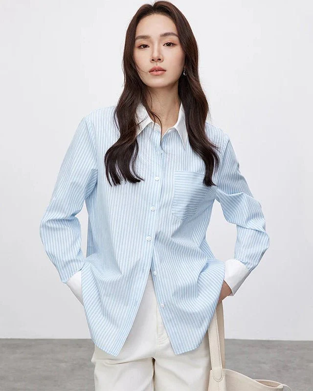 Image of Striped Straight-Cut Long-Sleeved Shirt With Pockets