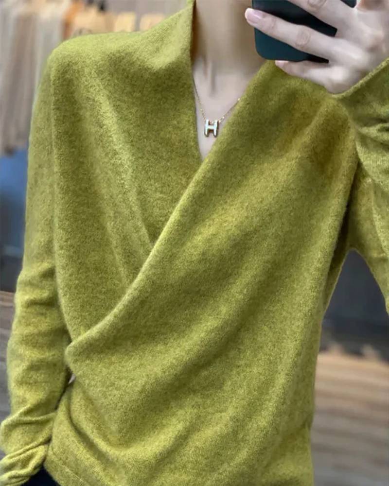 Image of V-neck Wrap Style 100% Wool Knitted Sweater