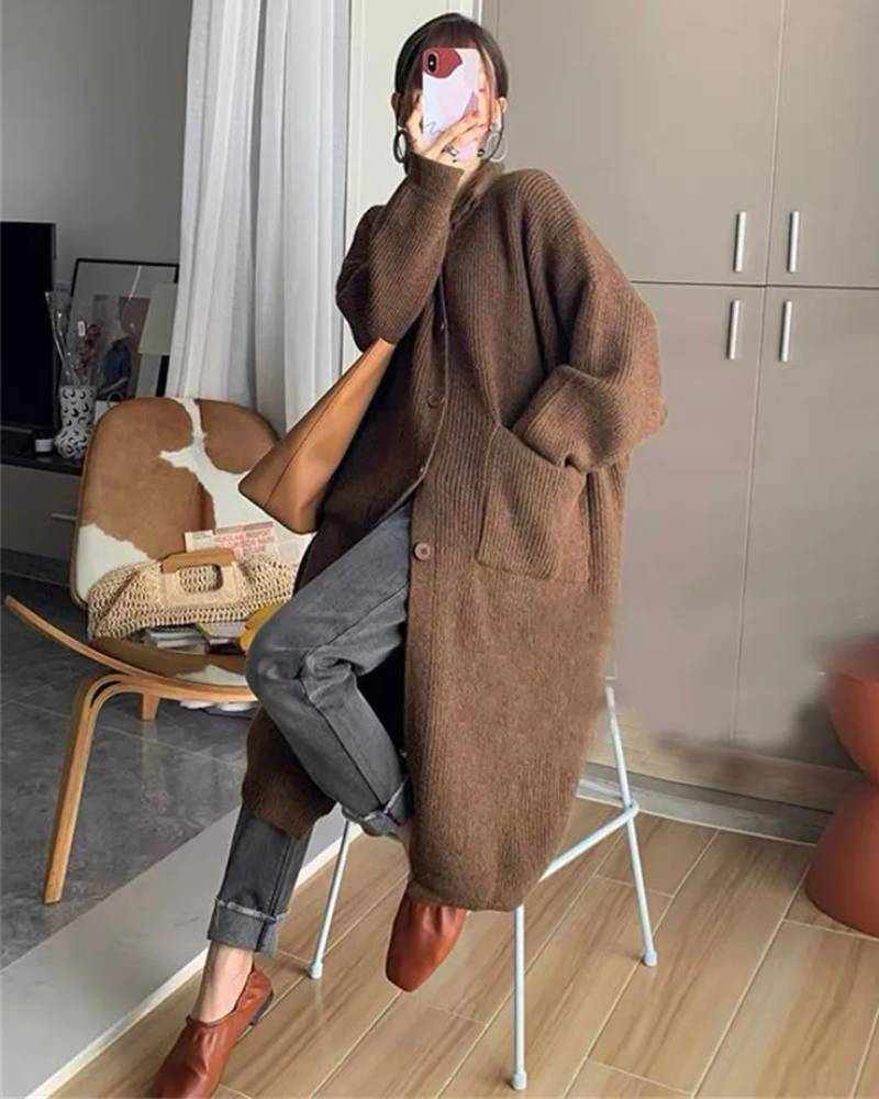 Image of Oversized High-Neck Long Cardigan With Pocket