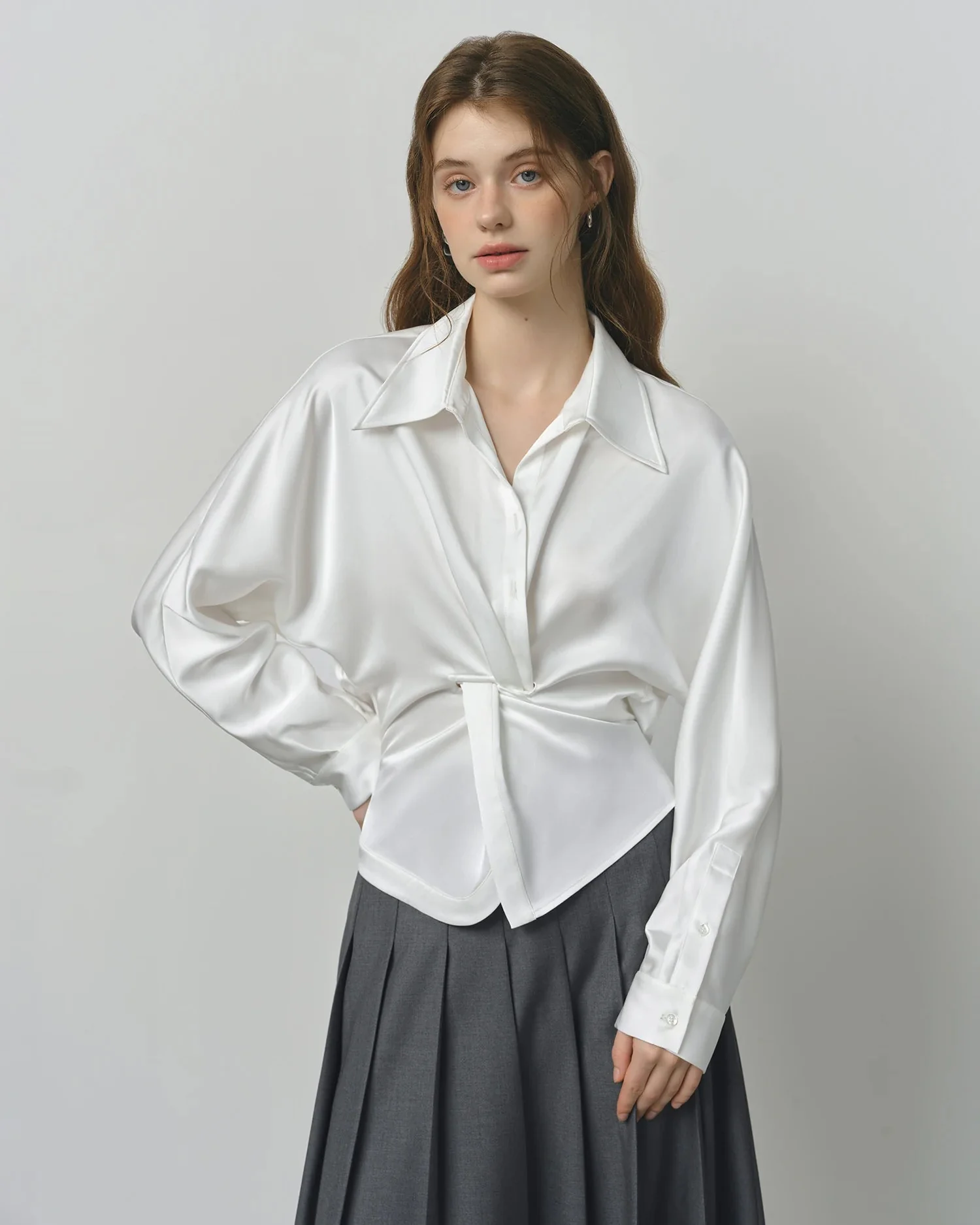 Image of V-Neck Long-Sleeved Slightly Loose Knotted Shirt