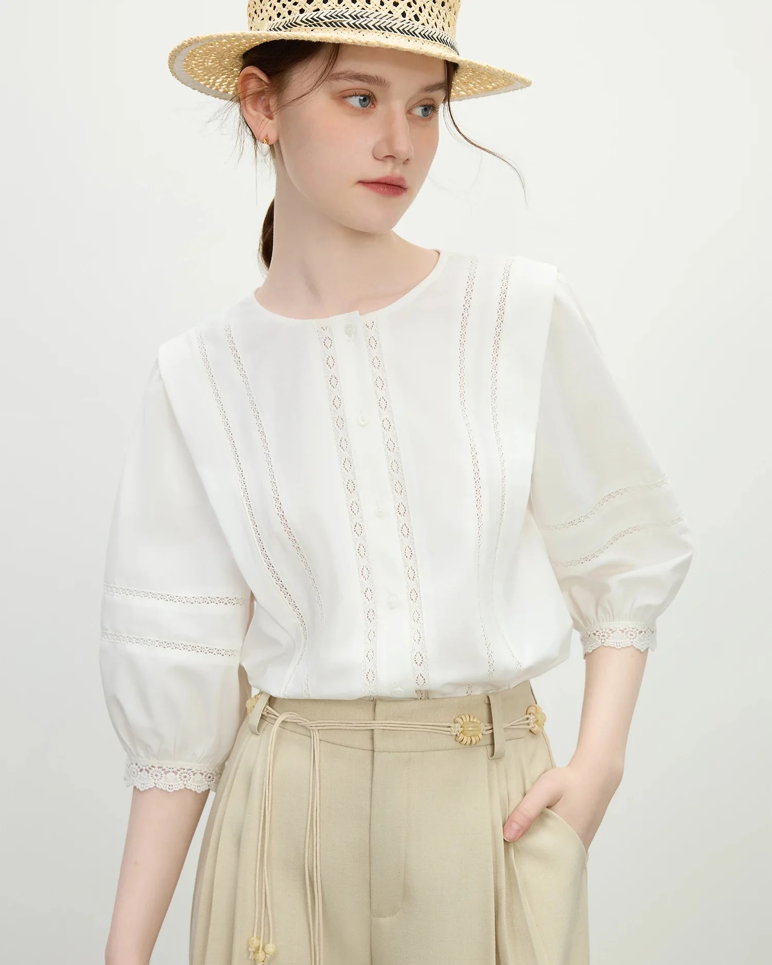 Image of Round Neck Lace Lantern Sleeve Elegant Shirt