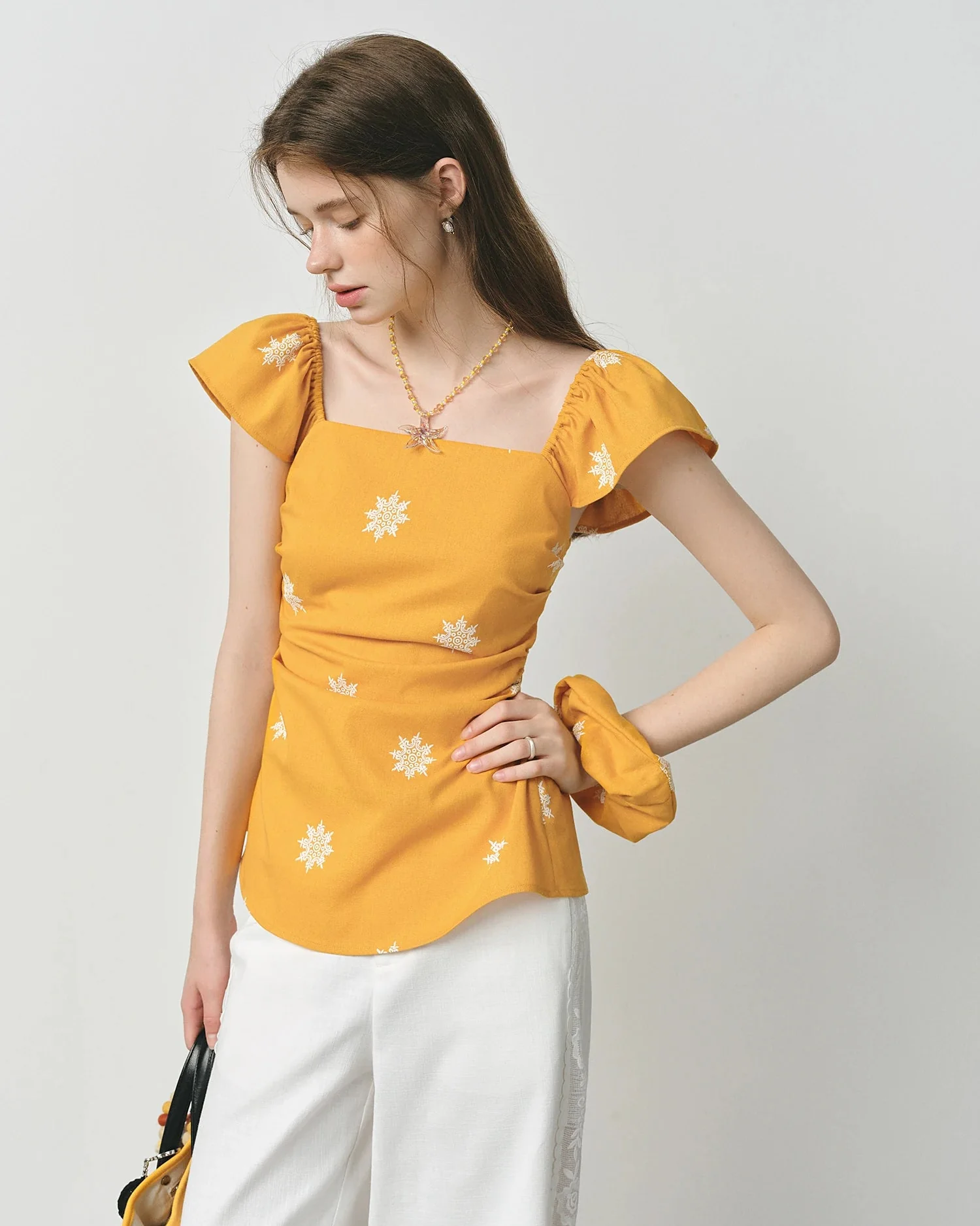 Image of Square Neckline Ruffled Sleeve Fashion Linen Shirt