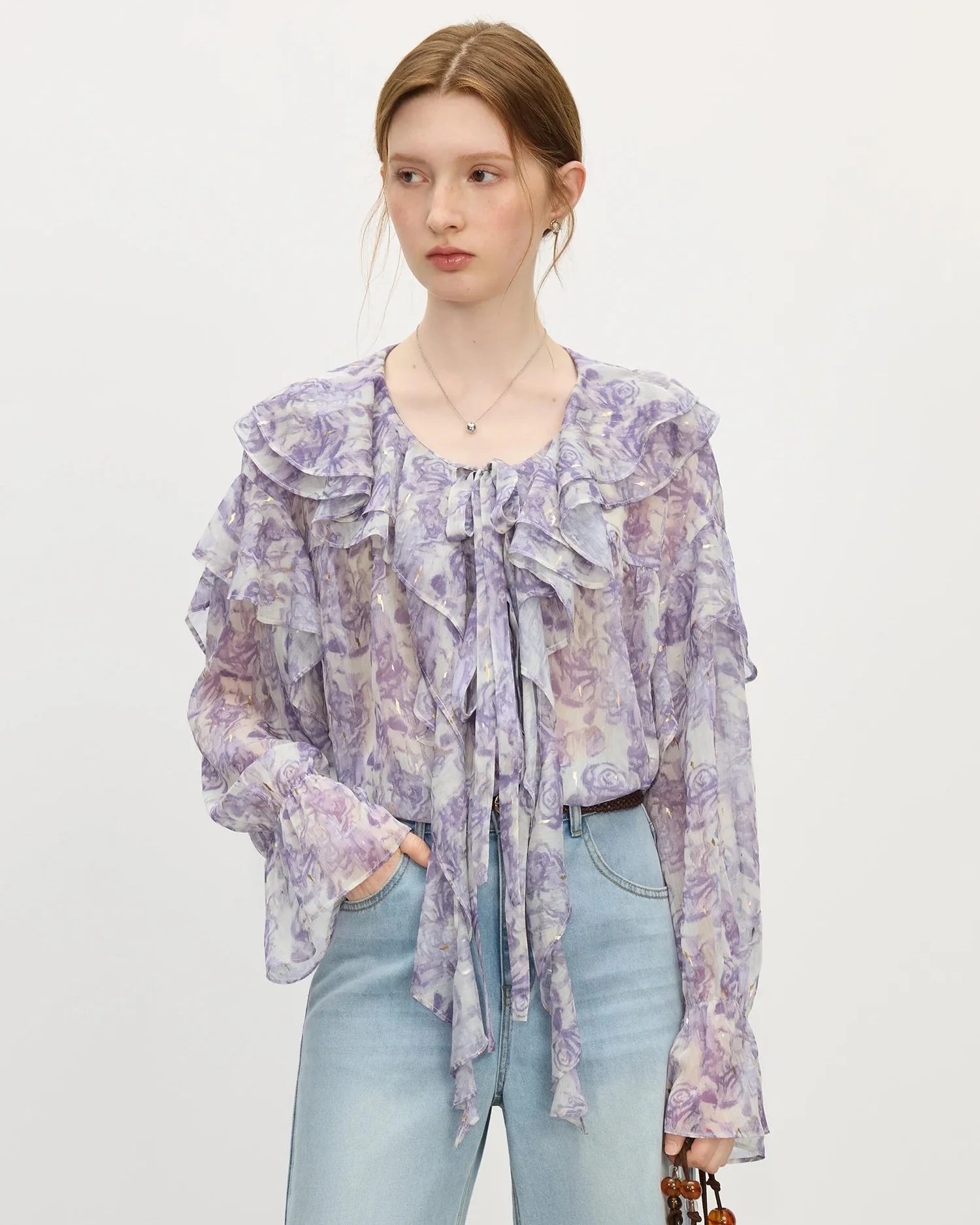 Image of Long-Sleeved Rose Ruffle Collar Shirt