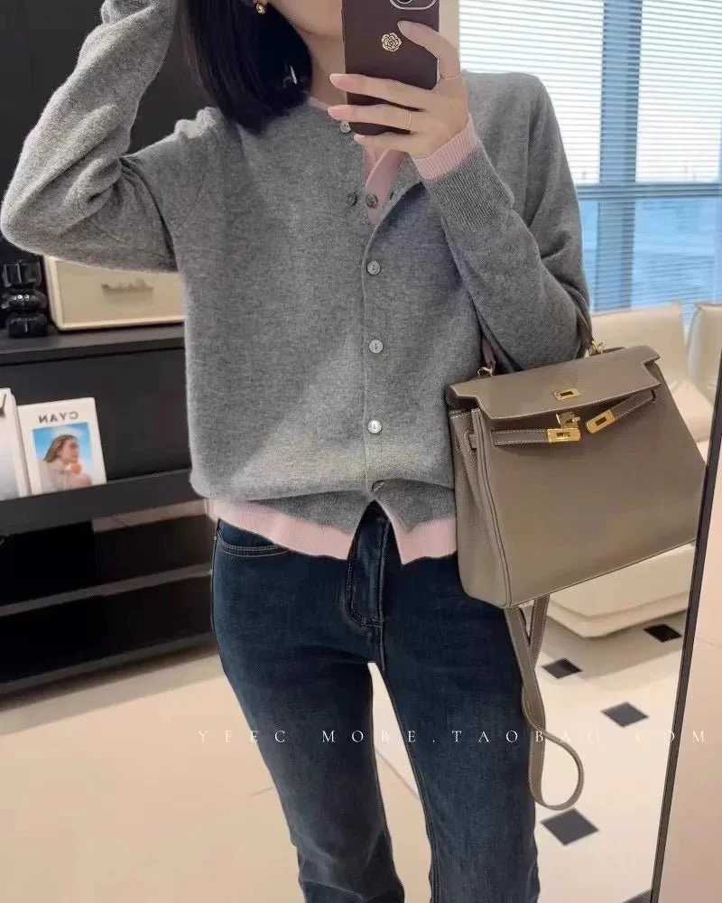 Image of Cashmere Knitted Cardigan Faux Two-Piece Sweater