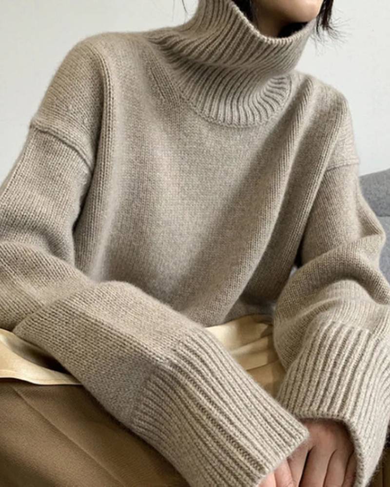 Image of Loose High Neck Wool Pullover Sweater