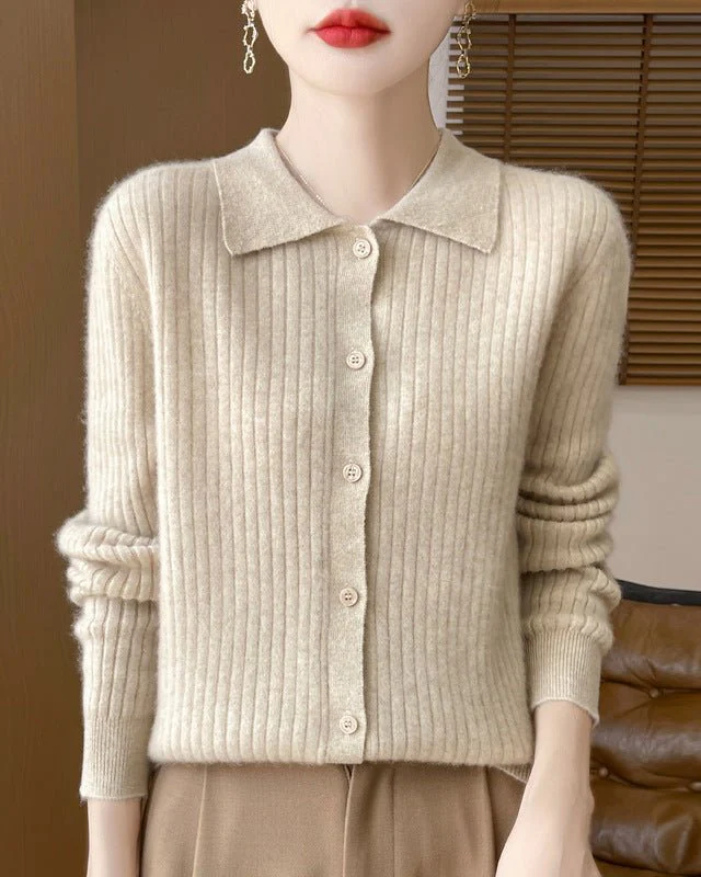 Image of Wool Cardigan Polo Collar Knit Sweater