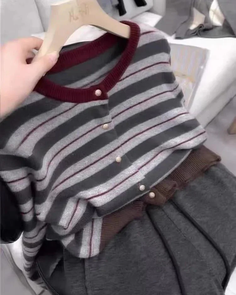 Image of Striped Cardigan Knit Cashmere Sweater