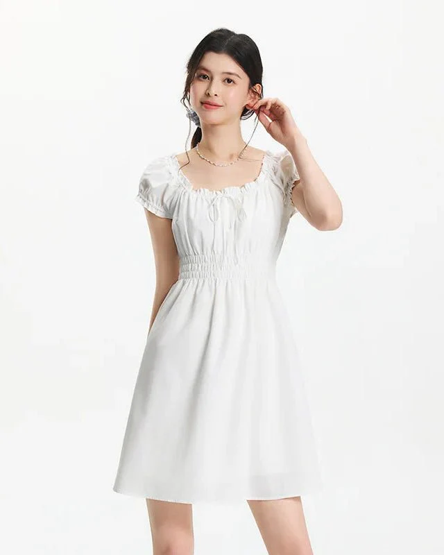 Image of Square Neckline Bow-Trimmed Lace Mini Dress