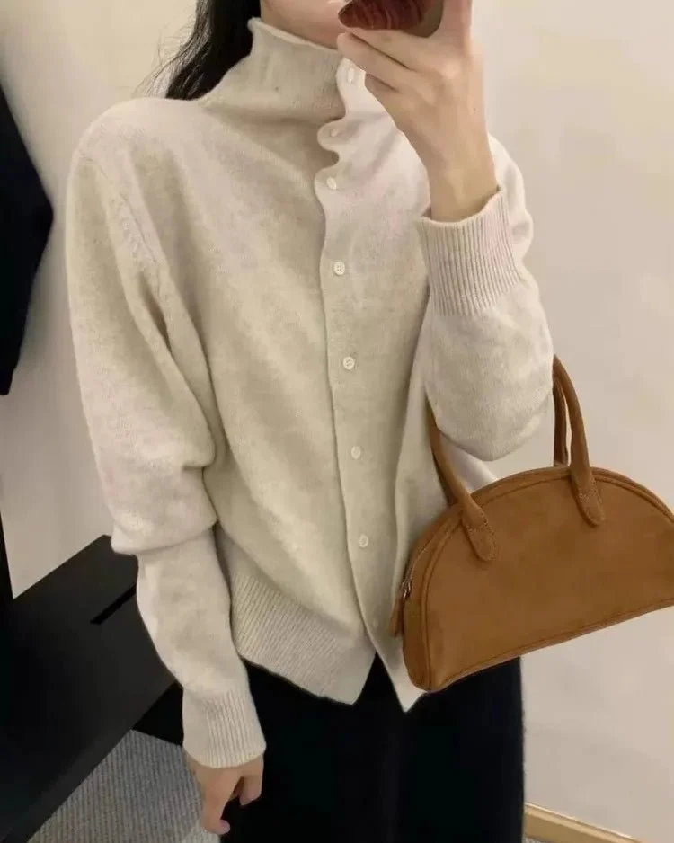 Image of French-Style High-Neck Cashmere Knitted Cardigan