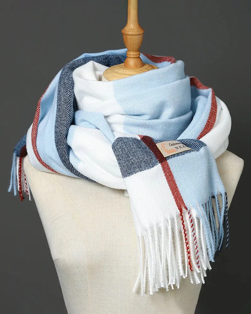 Image of Big Plaid Wool Blended Scarf With Fringed