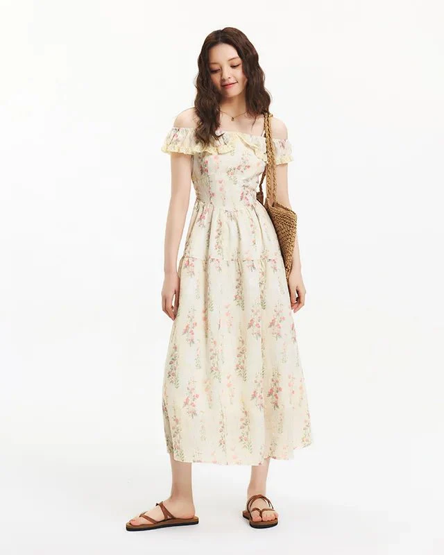 Image of Printed Ruffled Halter-Neck Waist Dress