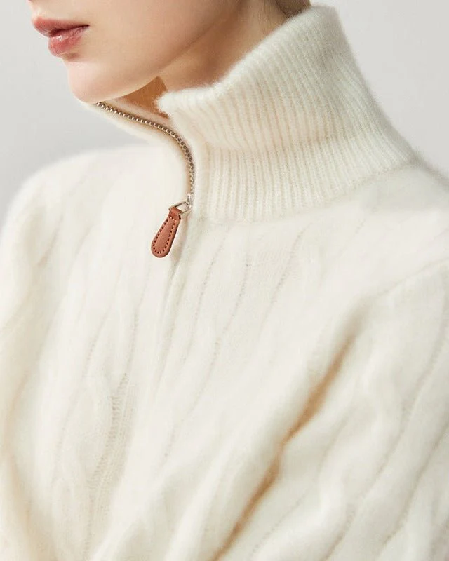 Image of Cashmere Half-Zip Cable Knit Loose Sweater
