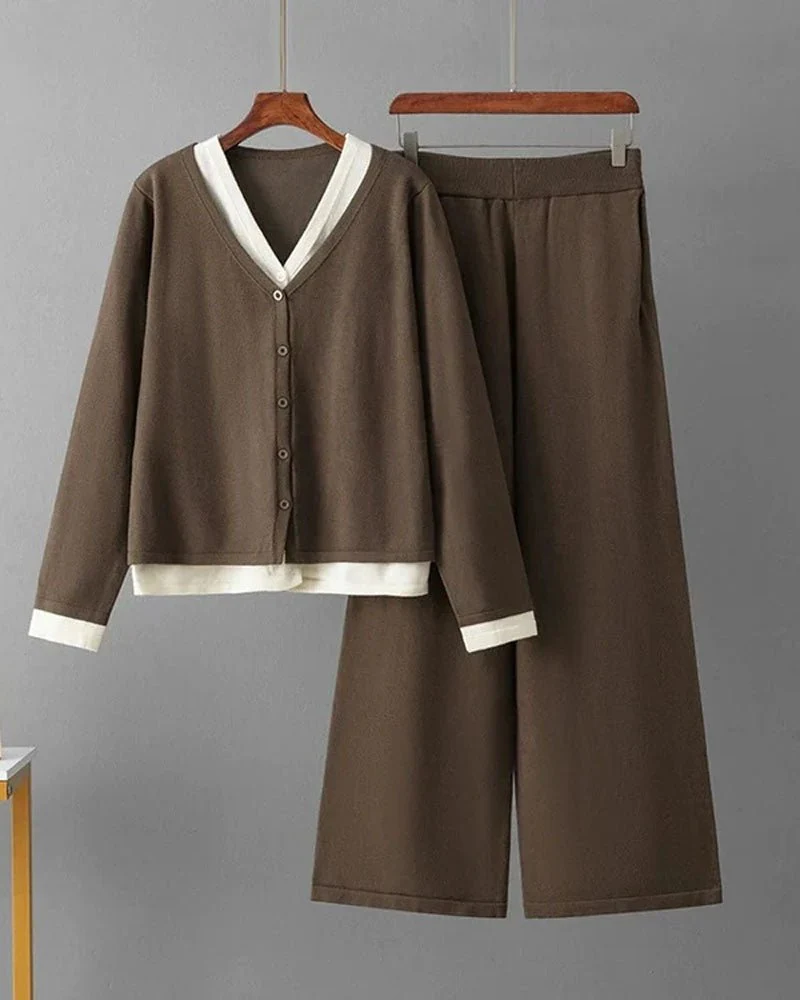 Image of Long Sleeve V Neck Sweater+Wide Legs Pants