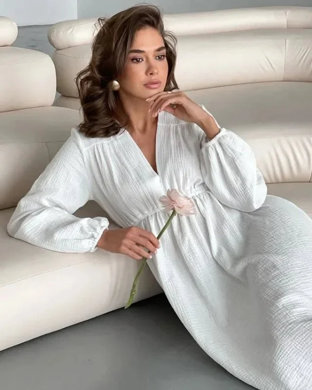 Image of Elegant Long-Sleeved V-Neck Party Beach Dress