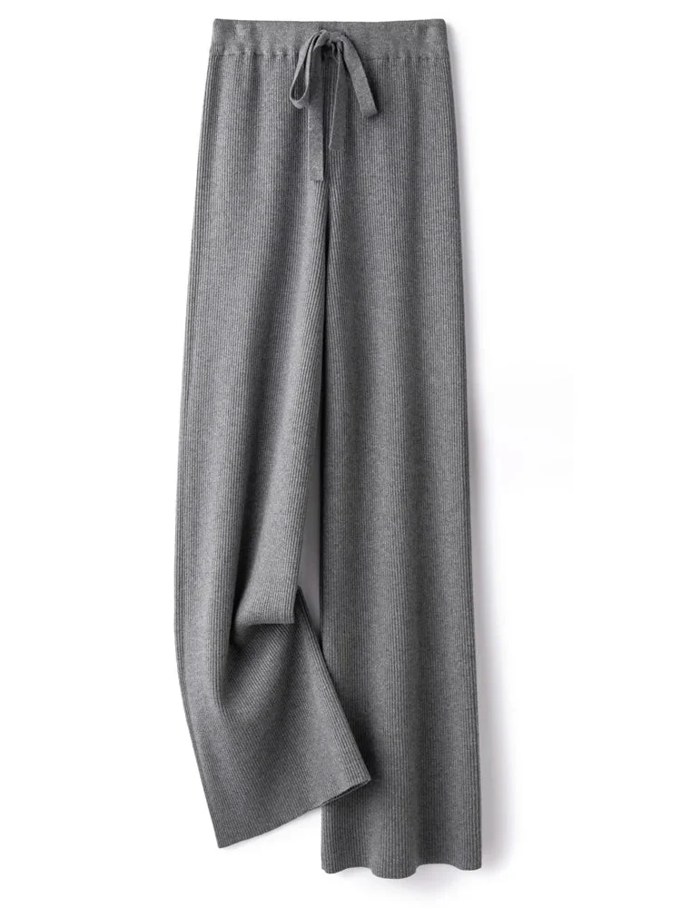 Image of Ribbed Knitted Wide Leg Wool Pants