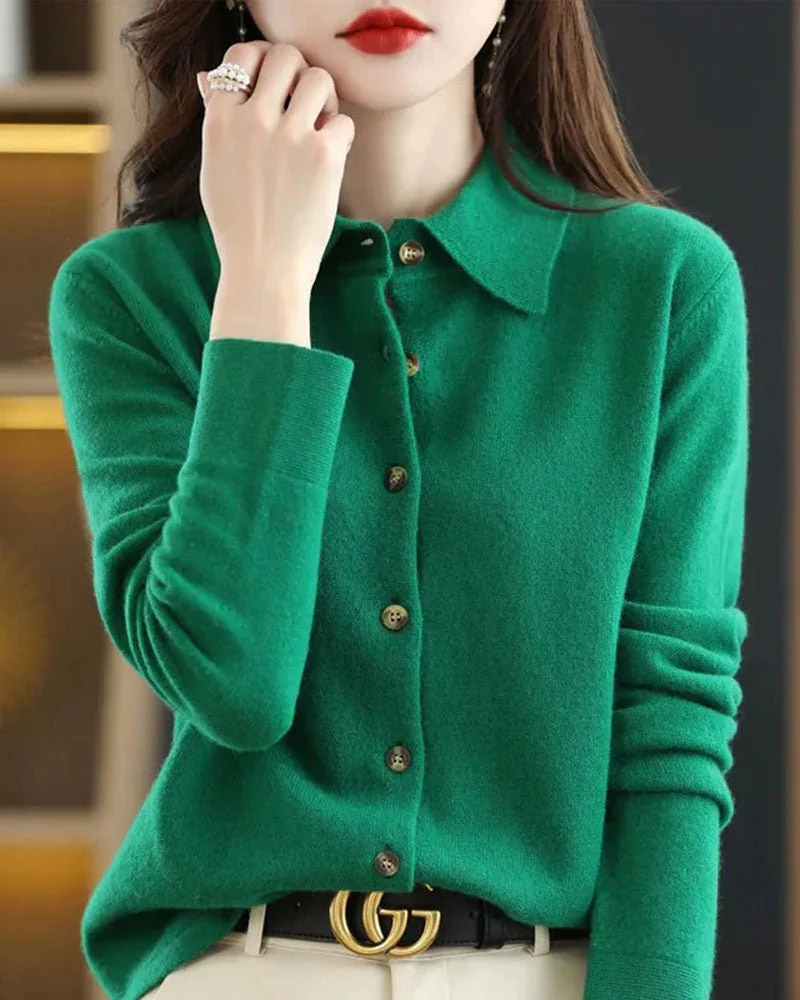 Image of 100% Merino Wool Polo-Collar Cardigan