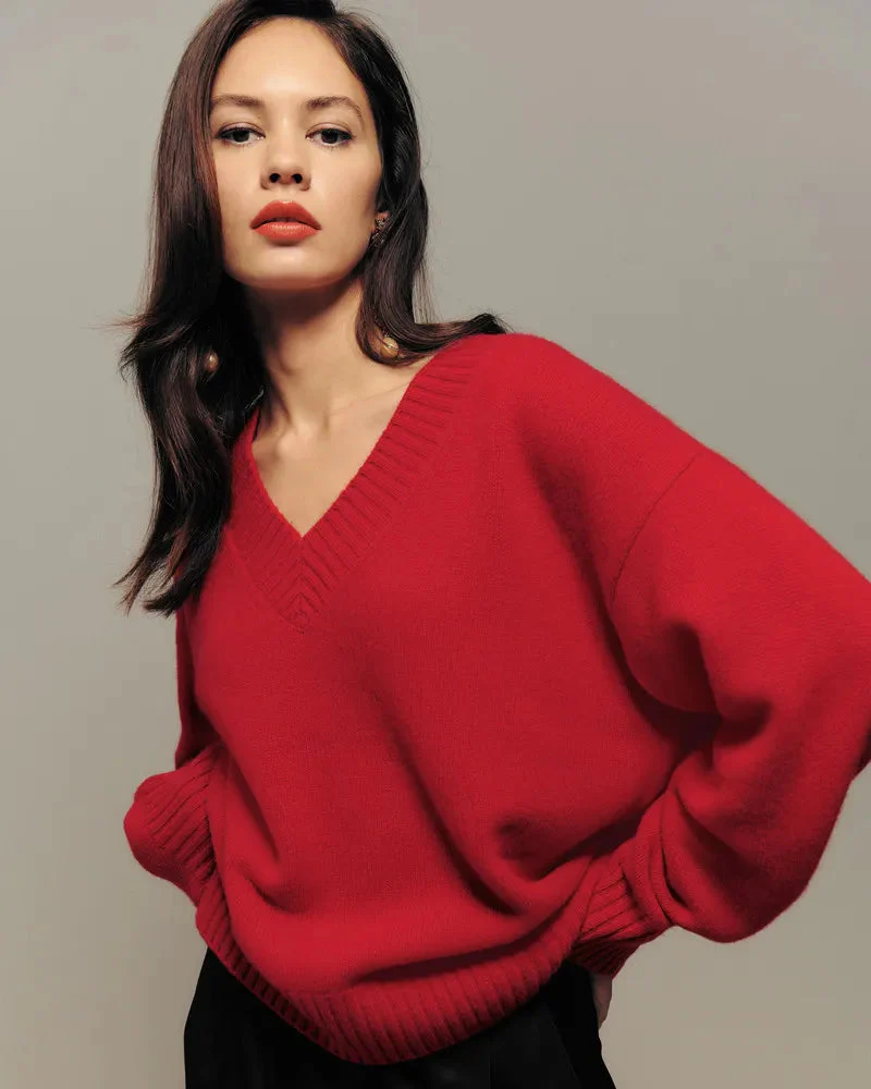 Image of Loose-Fitting Wool Knit V-Neck Sweater