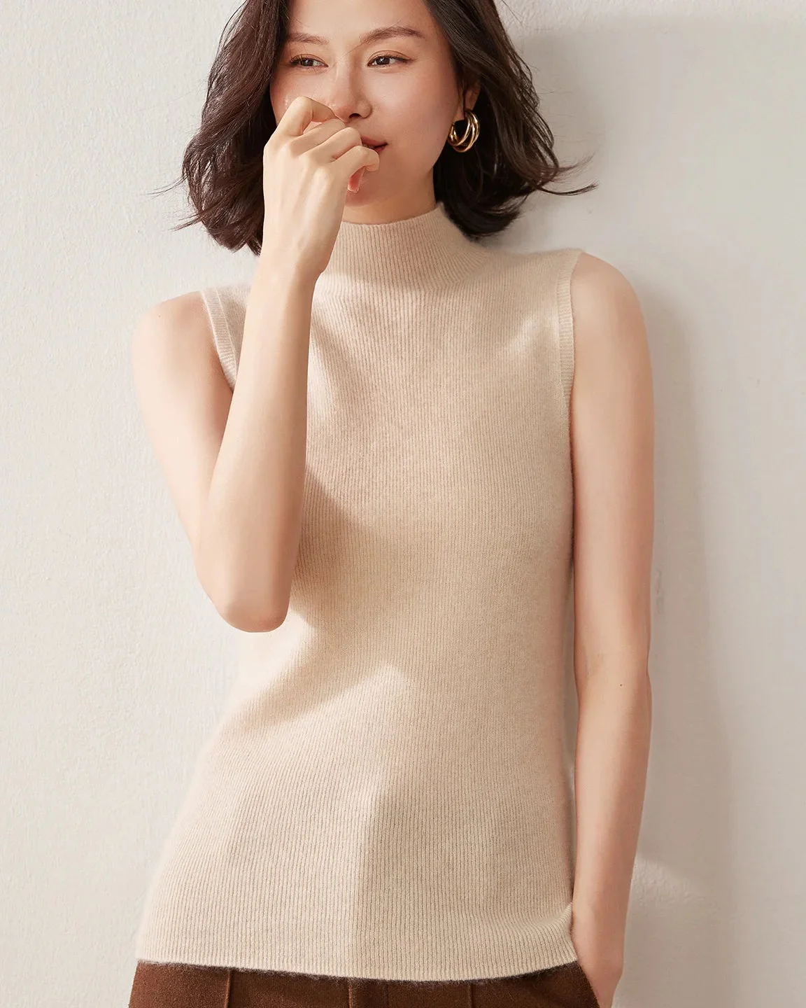 Image of Cashmere Knitted Sleeveless Mock Neck Sweater