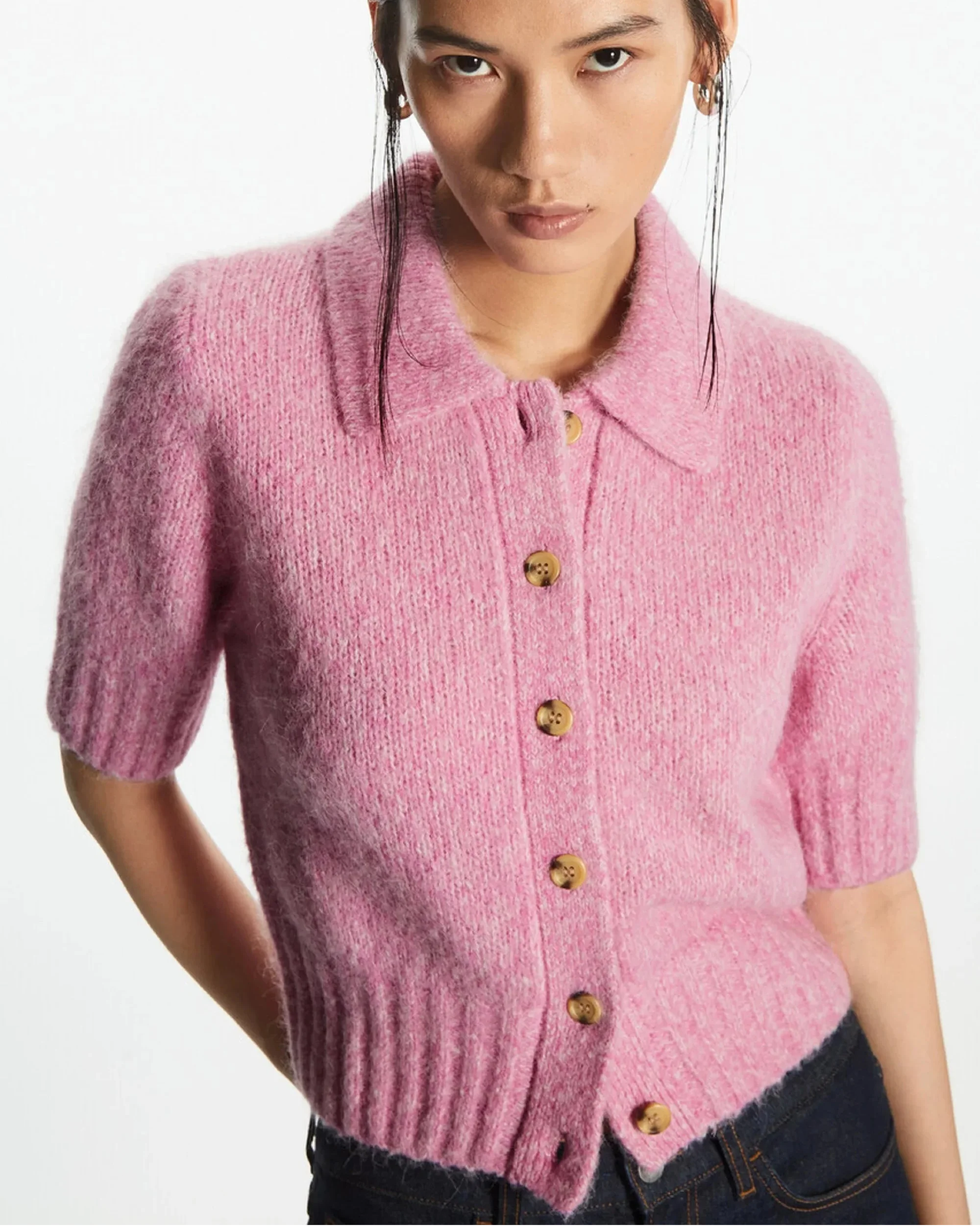 Image of Casual Wool Blend Short-Sleeved Cardigan Sweater