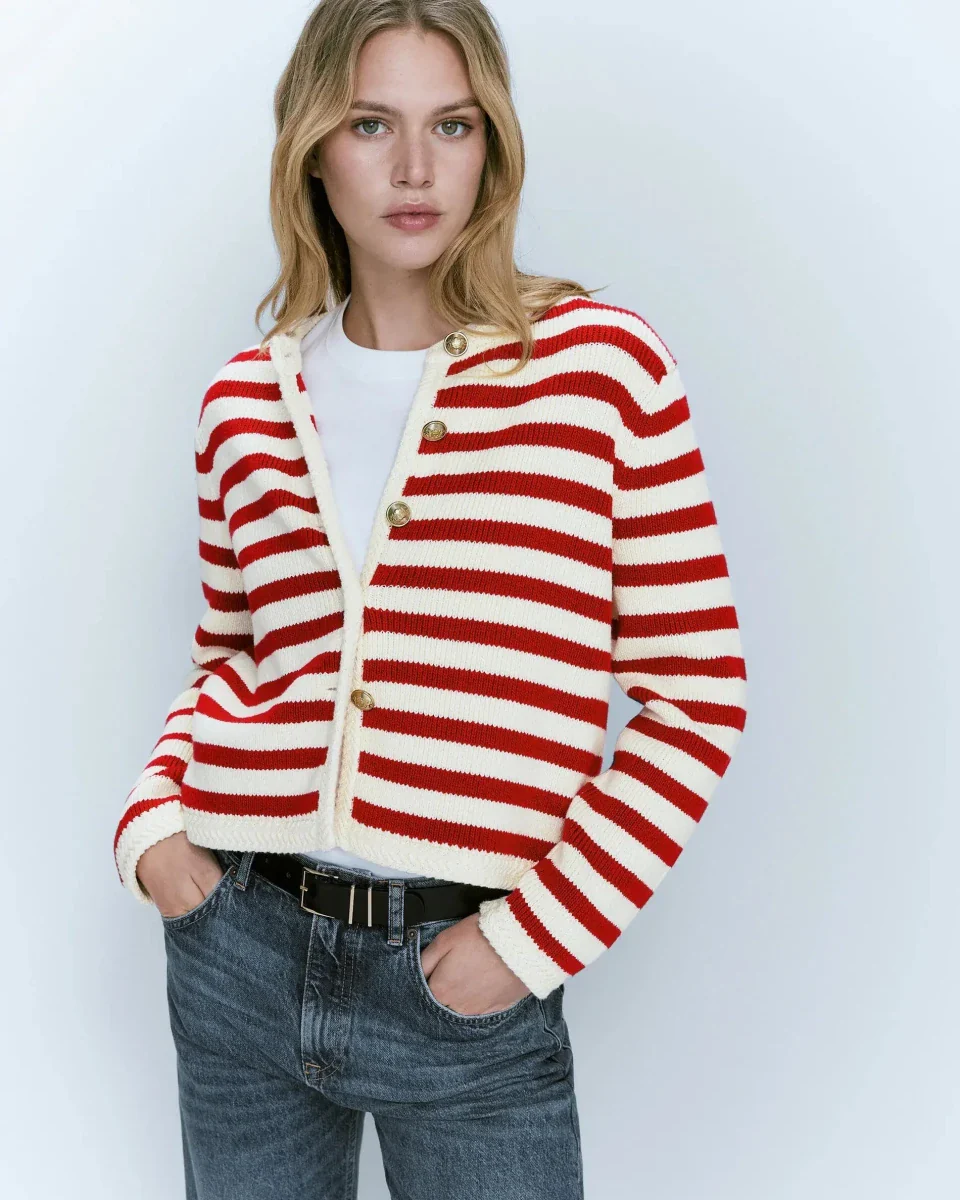 Image of New Slim-Fit Button-Down Classic Striped Cardigan