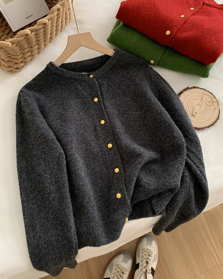 Image of Casual Long-Sleeved Round-Neck Cardigan Sweater