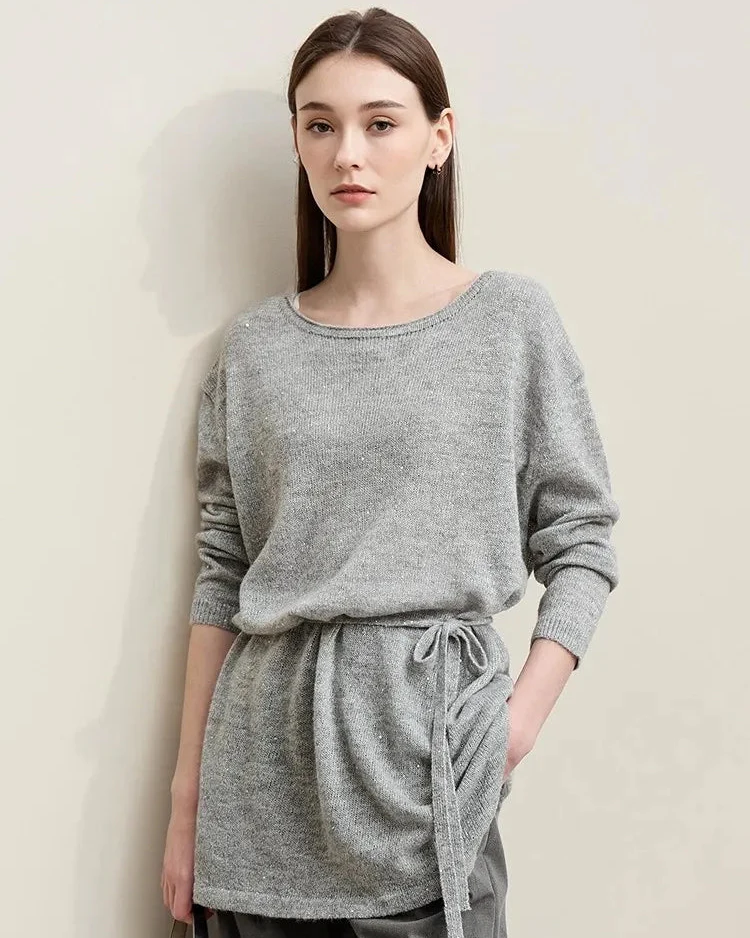 Image of Stylish Round Neck Off-Shoulder Tie Sweater