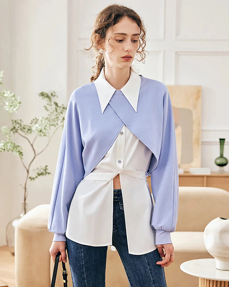 Image of Pointed Collar Irregular Button Slit Short Shirt