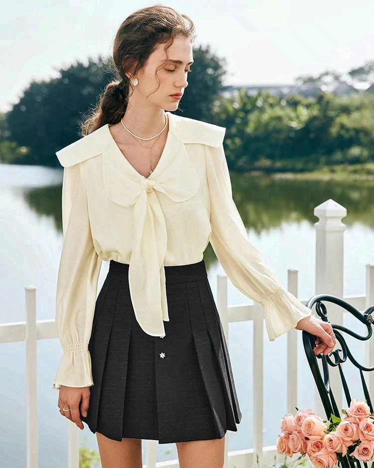 Image of Elegant Lace V-Neck Bow Blouse
