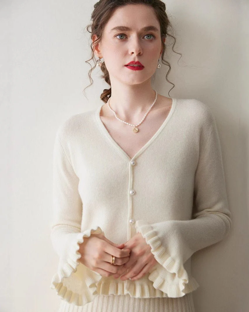 Image of Cashmere Bell-Sleeve Knitted Cardigan Sweater