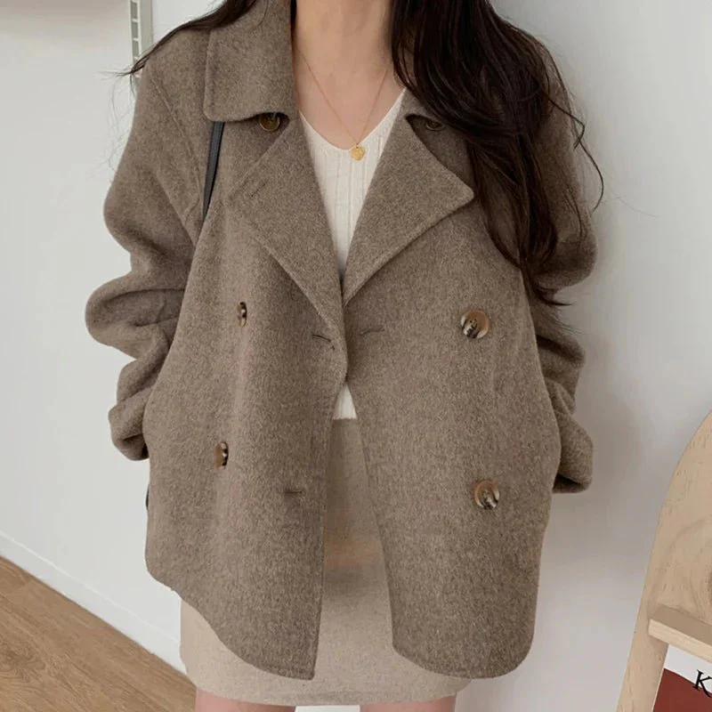 Image of Turn Down Collar Double Breasted Short Coat