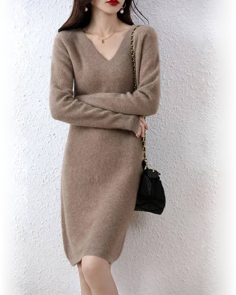 Image of V-Neck 100% Merino Wool Knitted Dress GentleHerd