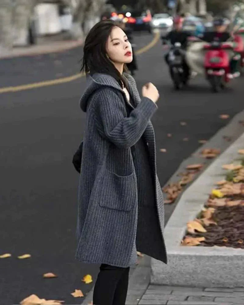 Image of Single Breasted Wool Ribbed Cardigan With Hoodie