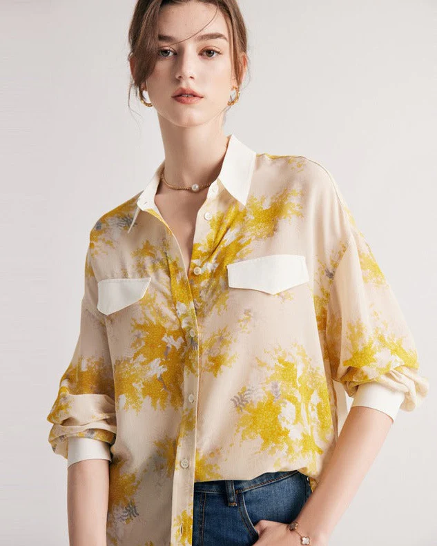 Image of New Printed Mulberry Silk Loose-Fit Shirt