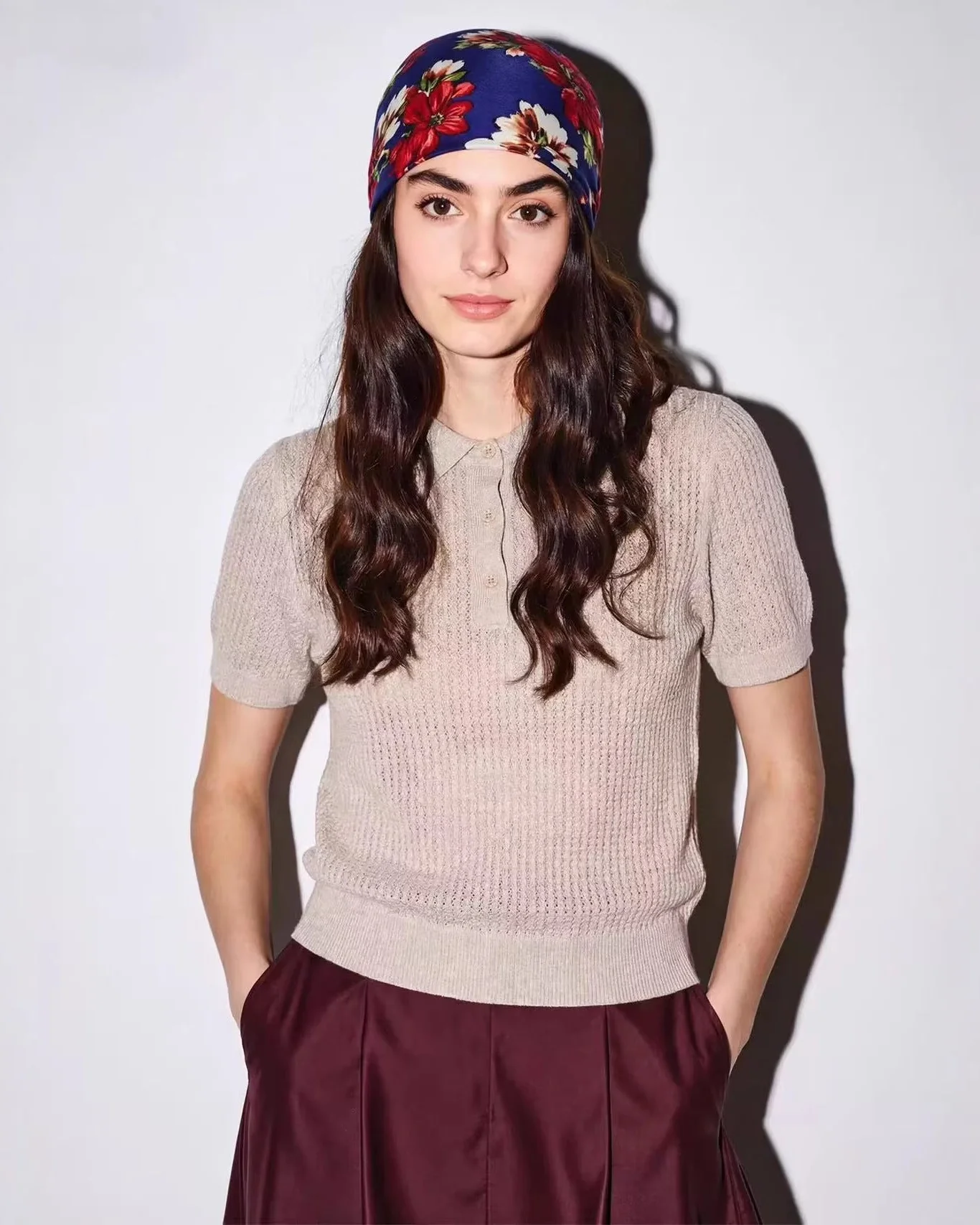 Image of Wool Openwork Polo Collar Short-Sleeved Sweater