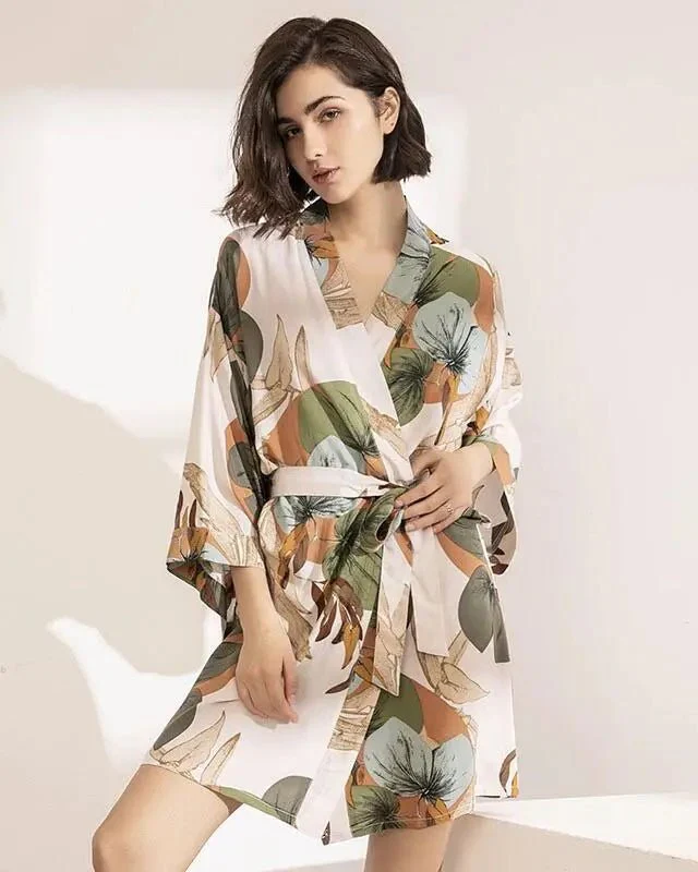 Image of Floral Printed Silk Satin Nightgown Robe