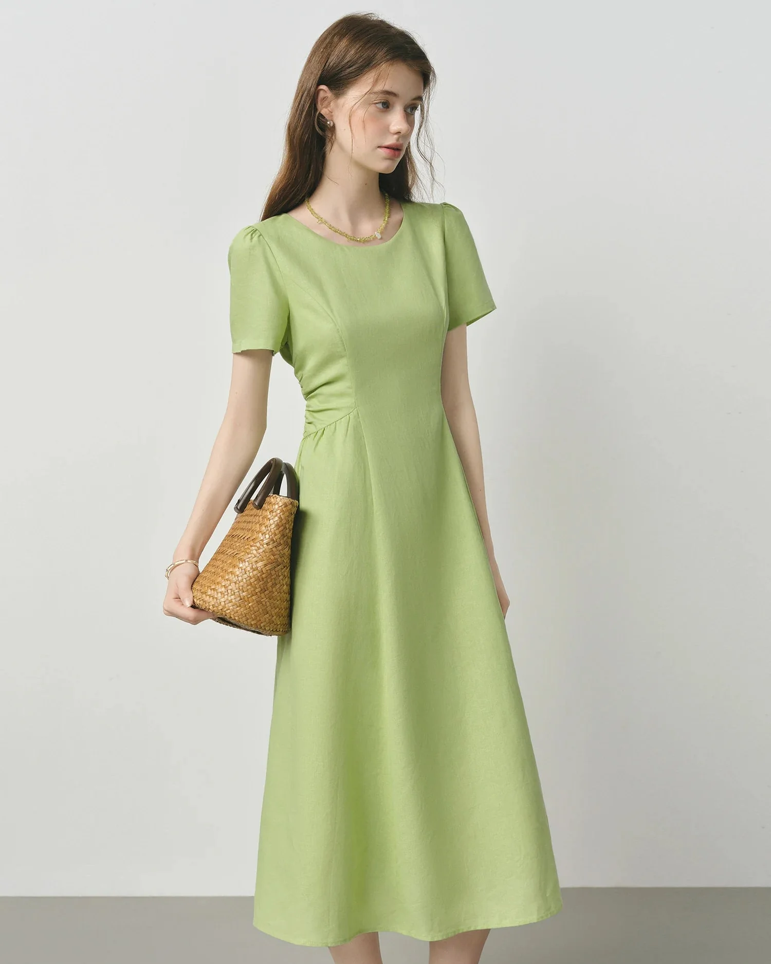 Image of Linen Waist Draped Pleated Dress