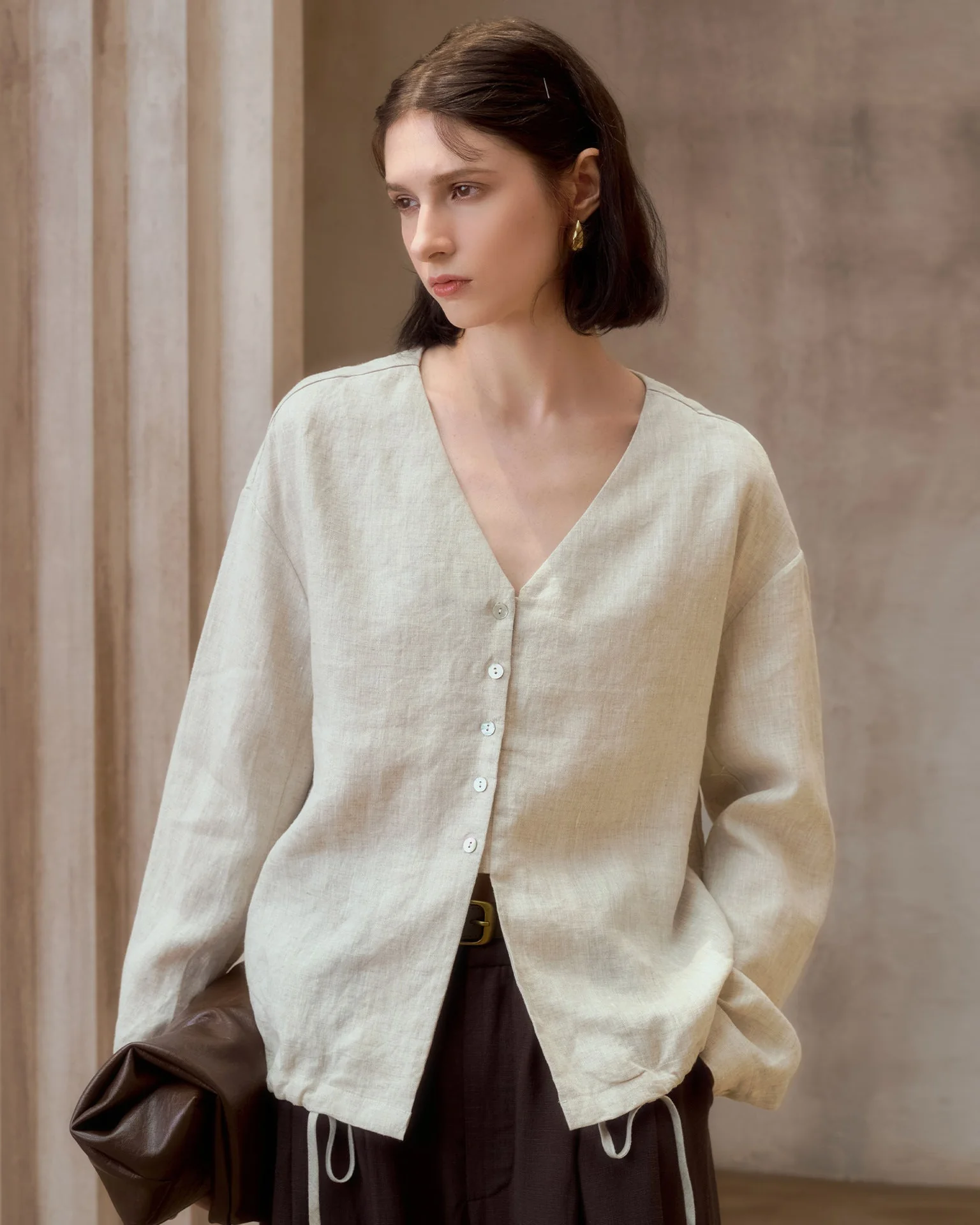 Image of Versatile Casual Linen V-Neck Shirt