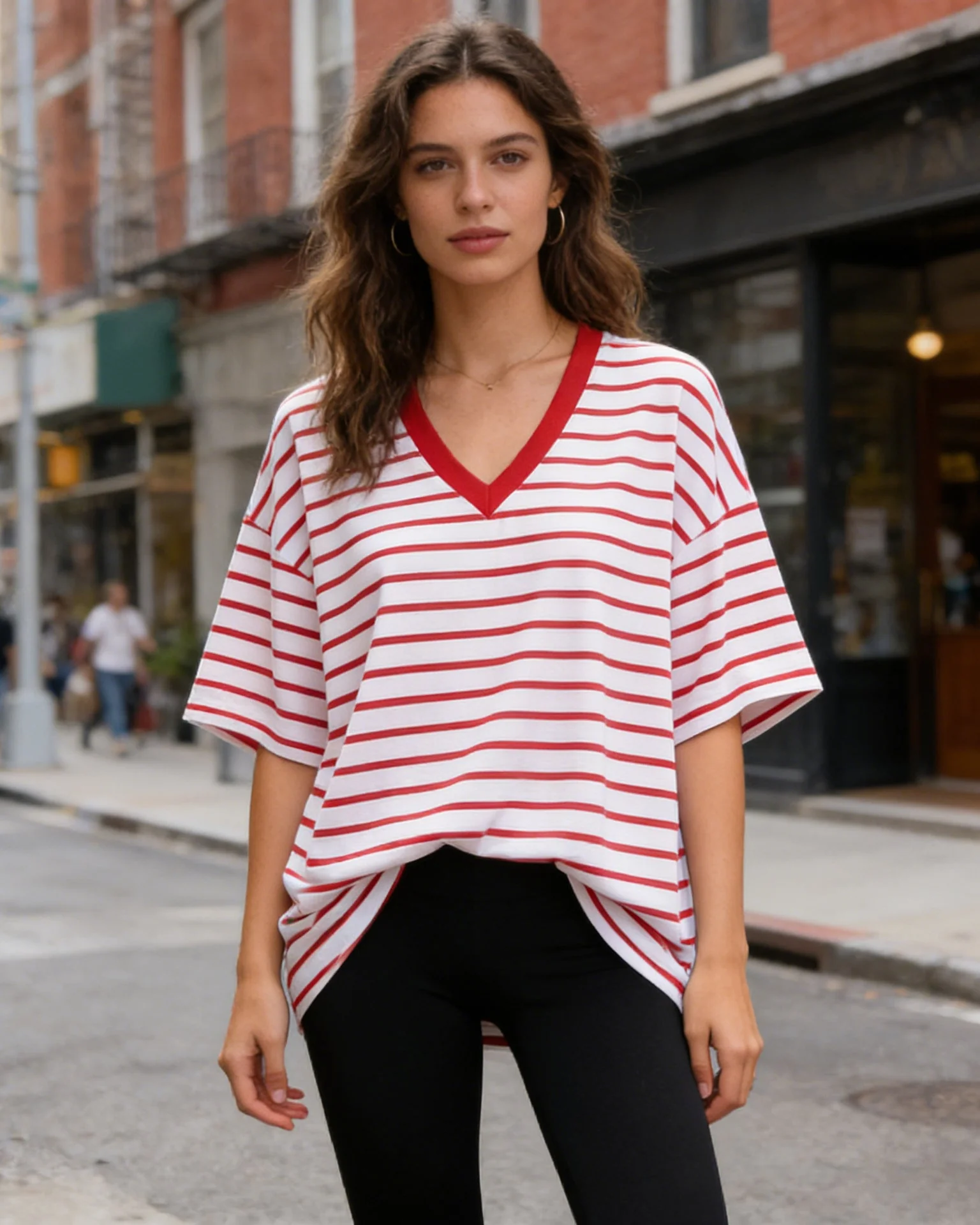 Image of Loose-Fit Striped V-Neck T-Shirt