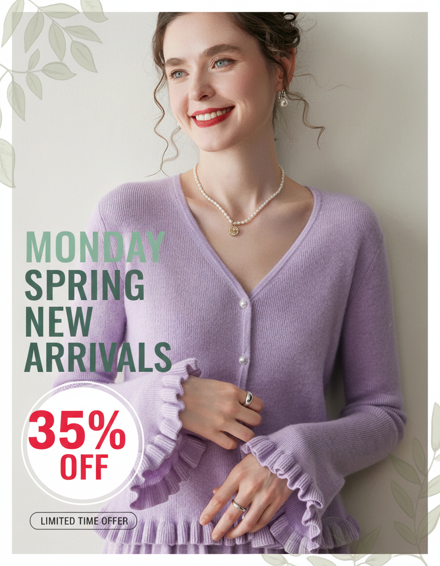 Woman in a purple cardigan with "Monday Spring New Arrivals 35% Off" text.