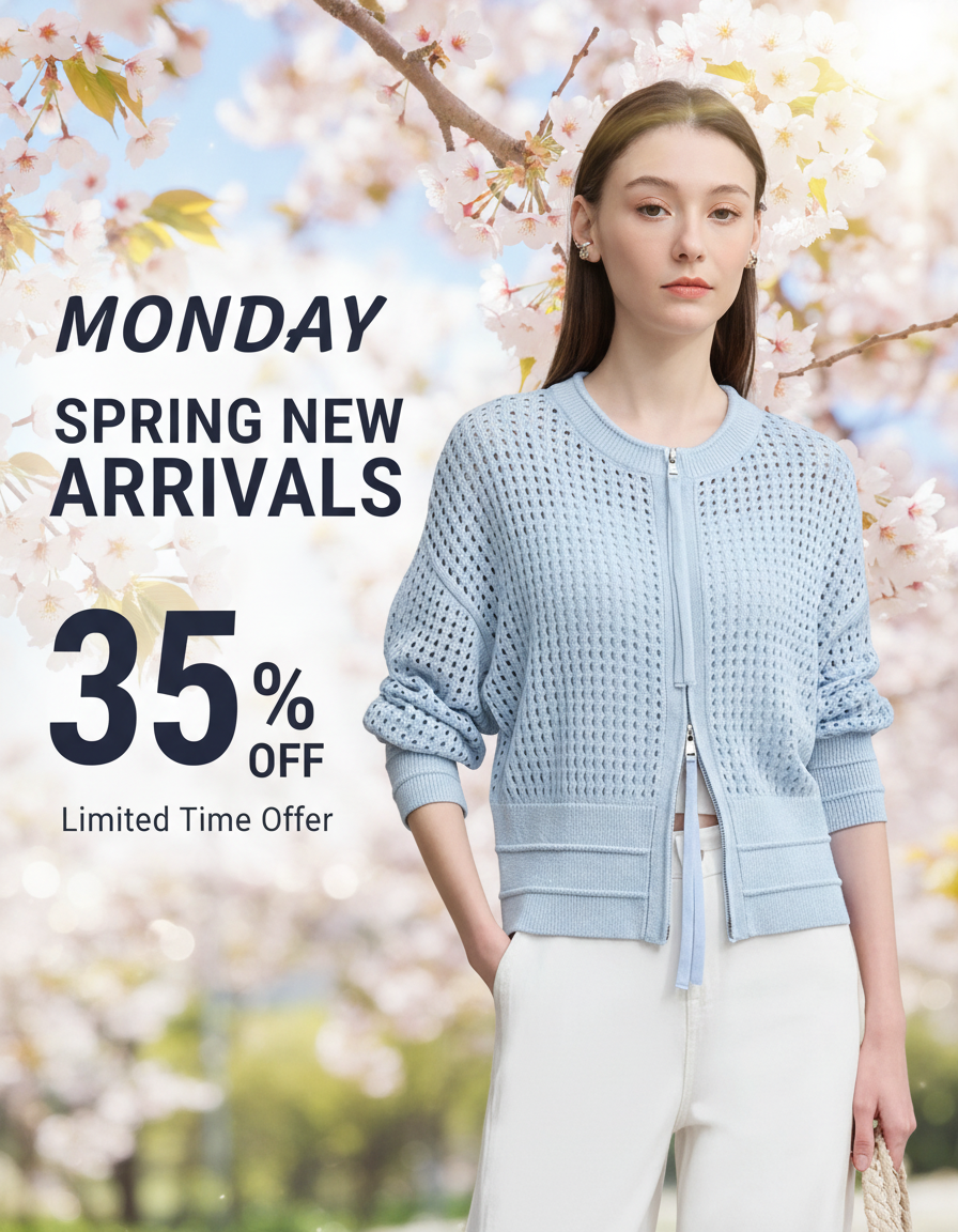 Woman in blue sweater with "Monday Spring New Arrivals 35% Off" text.