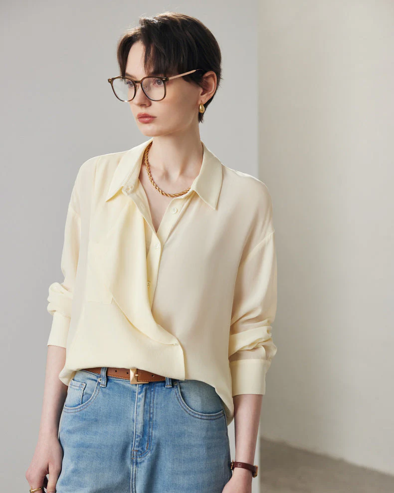 Image of Simple Solid Color Silk Shirt
