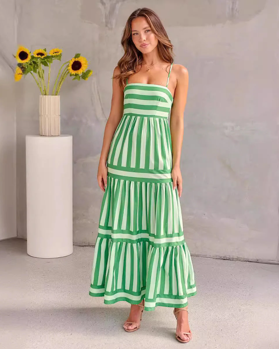 Image of Striped Halter-Neck Backless Pocket Dress