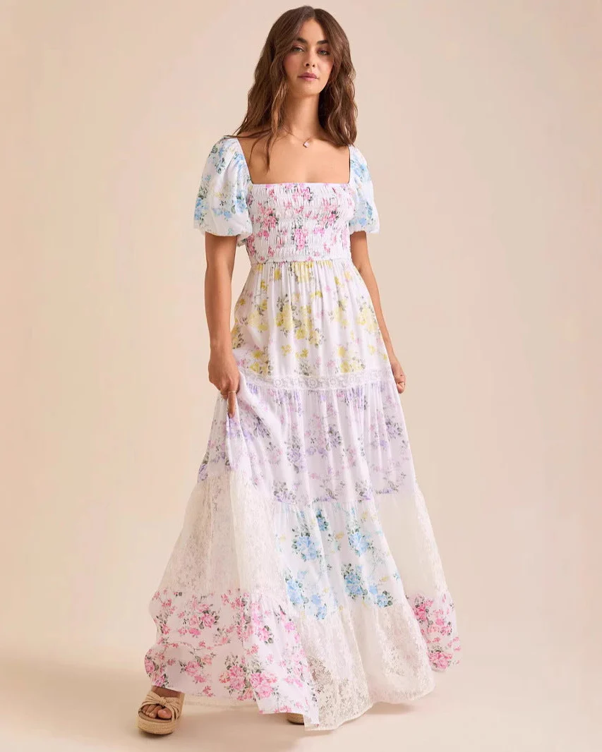 Image of Puff-Sleeved Printed Pleated Dress