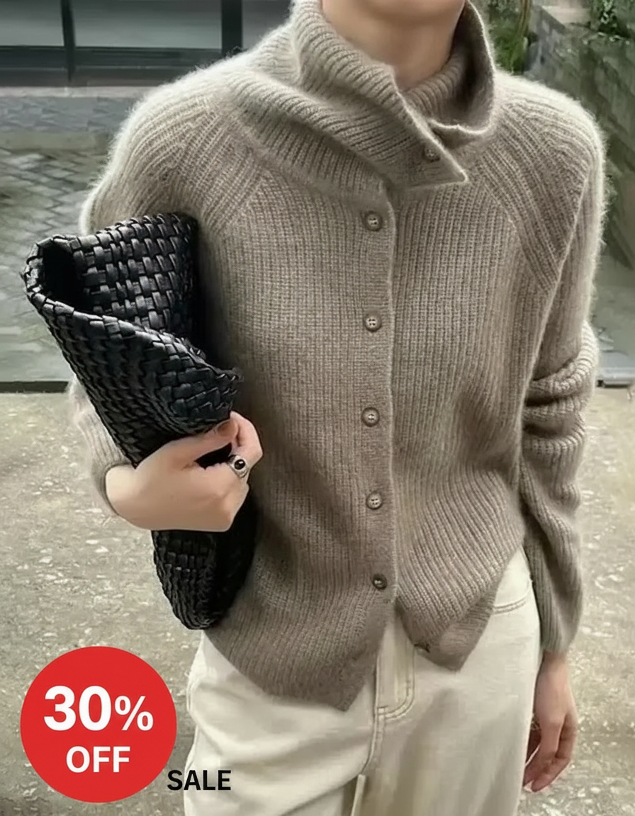 Person in a tan cardigan and white pants holds a black woven clutch, with a "30% OFF SALE" graphic.