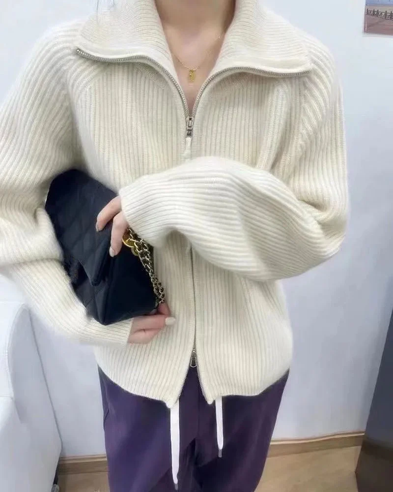 Image of Collared Wool Zip-Up Cardigan Sweater