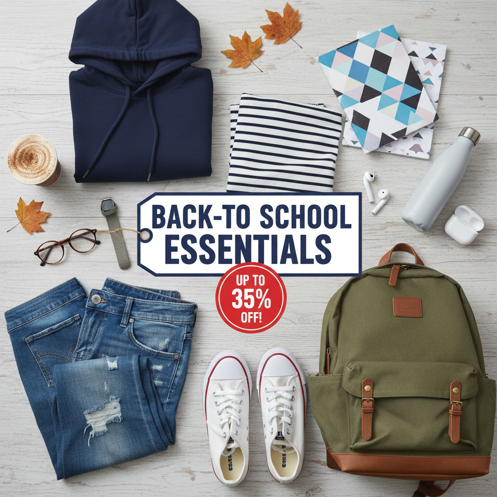 Back-to-school essentials sale with clothing, accessories, and backpack.